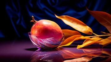 Foto av buni frukt halv mot en färgrik abstrakt bakgrund. generativ ai