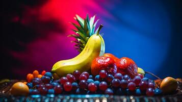 Foto av buddhas hand frukt halv mot en färgrik abstrakt bakgrund. generativ ai