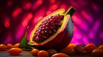 Foto av cempedak frukt halv mot en färgrik abstrakt bakgrund. generativ ai