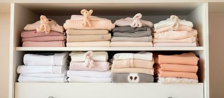vikta nyfödd bebis kläder lagrat vertikalt i en glidning garderob inuti en ordentligt organiserad barnkammare rum foto