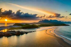 de Sol uppsättningar över en strand och berg. ai-genererad foto