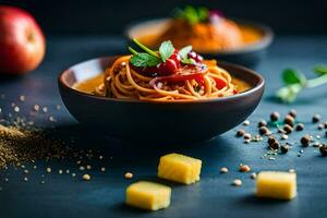 spaghetti med tomat sås och ost i en skål. ai-genererad foto