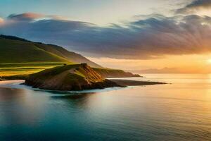 en skön solnedgång över de hav och en små ö. ai-genererad foto