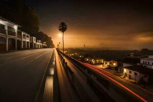 en lång exponering Foto av en stad gata på natt. ai-genererad