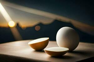 två ägg sitta på en tabell med en Sol lysande Bakom dem. ai-genererad foto
