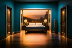 en sovrum med blå väggar och trä- golv. ai-genererad foto
