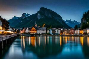 Foto tapet de himmel, berg, vatten, stad, sjö, schweiz, sjö laut. ai-genererad