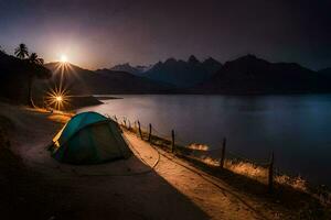 en camping tält är uppsättning upp på de Strand av en sjö på natt. ai-genererad foto