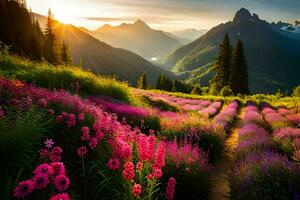 de Sol lyser över en fält av blommor i de berg. ai-genererad foto