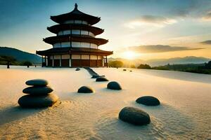 en pagod sitter i de sand med stenar och en berg i de bakgrund. ai-genererad foto
