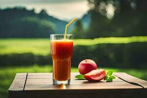 en glas av juice med ett äpple på en tabell. ai-genererad foto