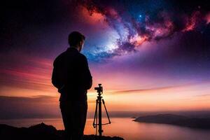 en man stående på en berg med en kamera och en teleskop. ai-genererad foto