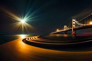 de gyllene Port bro på natt med en måne i de bakgrund. ai-genererad foto