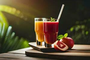 två glasögon av juice med frukt på en trä- tabell. ai-genererad foto