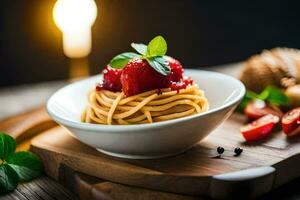 spaghetti med jordgubbar och basilika löv i en skål. ai-genererad foto