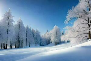 vinter- landskap med träd täckt i snö. ai-genererad foto