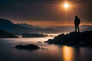 en man står på stenar utsikt en sjö på solnedgång. ai-genererad foto