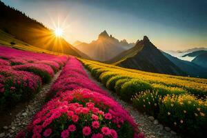 de Sol stiger över en fält av blommor i de berg. ai-genererad foto