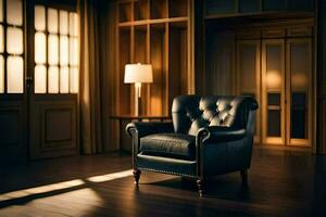 en svart läder stol i en rum med trä- väggar. ai-genererad foto