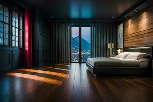 en sovrum med en se av de berg. ai-genererad foto
