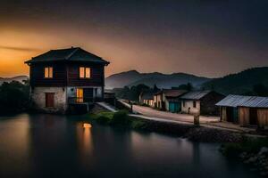 en hus sitter på de sida av en flod på solnedgång. ai-genererad foto
