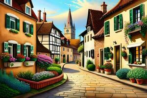 illustration av en gata i en europeisk by. ai-genererad foto