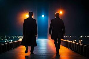 två män gående ner en bro på natt. ai-genererad foto