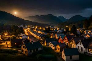 en by på natt med en full måne. ai-genererad foto