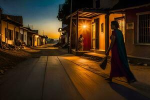 en kvinna promenader ner de gata på solnedgång. ai-genererad foto