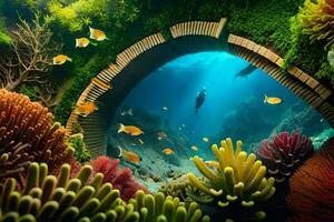 en korall rev med en tunnel och fisk simning i Det. ai-genererad foto