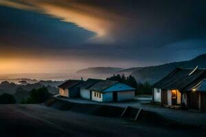 en hus i de mitten av en fält med en mörk himmel. ai-genererad foto