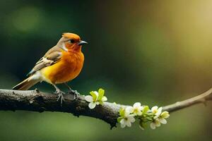 en små orange fågel sitter på en gren med blommor. ai-genererad foto