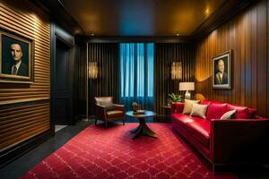 de lobby av de hotell har en röd matta och en röd soffa. ai-genererad foto