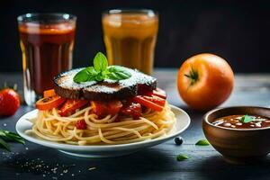 en tallrik av spaghetti med kött och tomater. ai-genererad foto