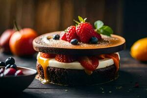 en choklad kaka med jordgubbar och blåbär. ai-genererad foto