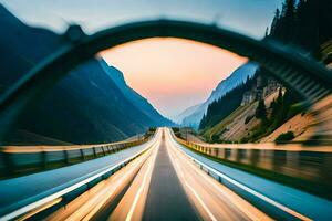 en bil körning på en motorväg med en tunnel i de bakgrund. ai-genererad foto