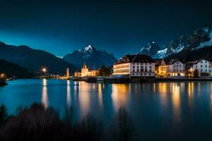 de stad av alpina sjö på natt. ai-genererad foto