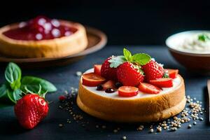 en cheesecake med jordgubbar och en skål av bär. ai-genererad foto