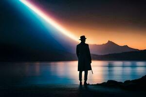 en man i en hatt står på de Strand av en sjö på solnedgång. ai-genererad foto