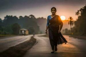 en kvinna i en sari promenader ner en väg på solnedgång. ai-genererad foto