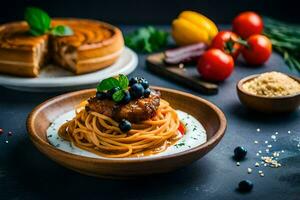 spaghetti med kött och grönsaker i en skål. ai-genererad foto