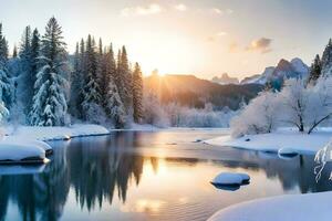 en vinter- landskap med snö täckt träd och en flod. ai-genererad foto