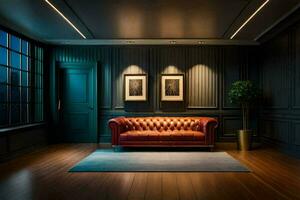 en mörk rum med en läder soffa och en vägg med en målning. ai-genererad foto
