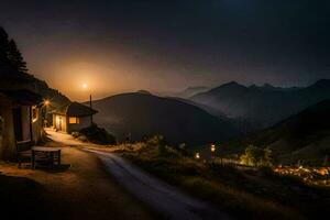 en väg ledande till en små by på natt. ai-genererad foto