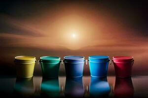 fem färgrik hinkar på en tabell med en solnedgång i de bakgrund. ai-genererad foto