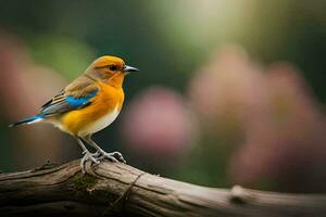 en små fågel med en blå och orange näbb är Sammanträde på en gren. ai-genererad foto