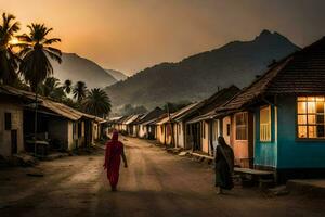 en kvinna promenader ner de väg i en by på solnedgång. ai-genererad foto