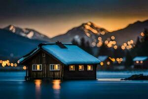 en små trä- hus sitter på de Strand av en sjö på skymning. ai-genererad foto