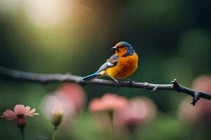 en blå och orange fågel Sammanträde på en gren. ai-genererad foto