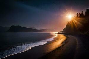 de Sol lyser ljust över en strand på natt. ai-genererad foto
